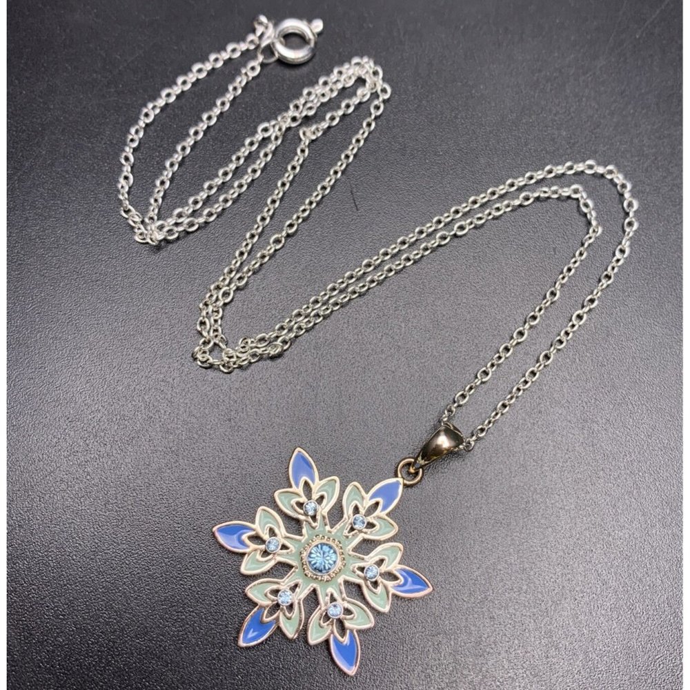 JCM Disney Frozen Snowflake Pendant Necklace Silver Tone Blue Enamel Rhinestone
